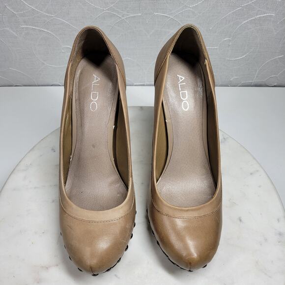 Aldo Stilettos Womens 39 US 8.5 Tan Leather Studded Rivets Platform‎ High Heels - Picture 12 of 15